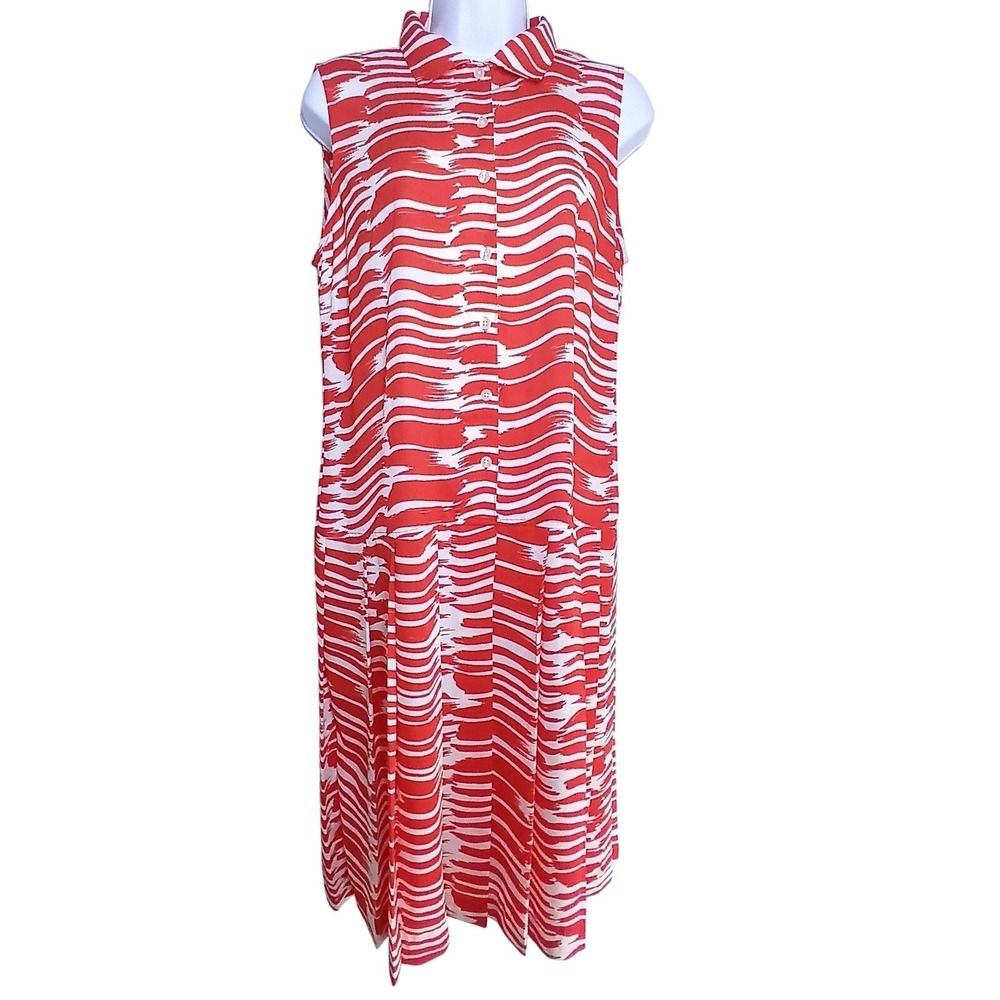 CAbi 281 Brushstroke Dress M Red White Sleeveless Pleated Button Front Resort